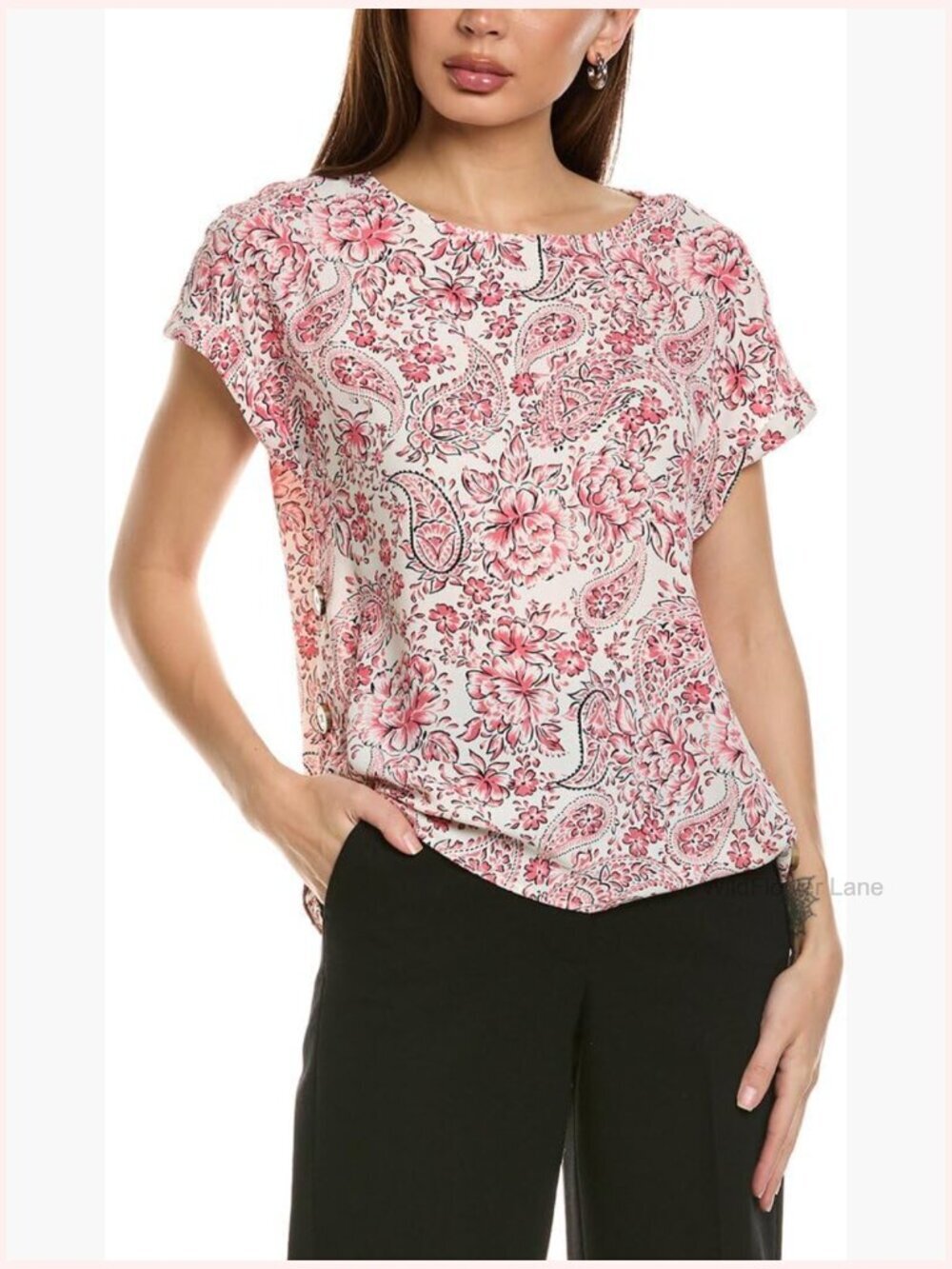 Short Sleeve Button Detail Blouse - Polyester, Dry Clean Only, Crew Neck